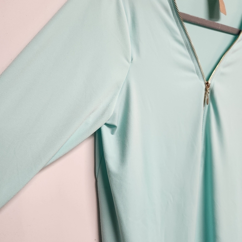 3/$25 Zenana bright pastel seafoam green long sleeve gold zipper blouse size L - Picture 2 of 11